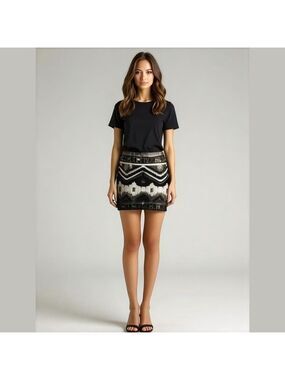 Express Aztec Black White Silver Grey Sequin Mini Skirt Size XS